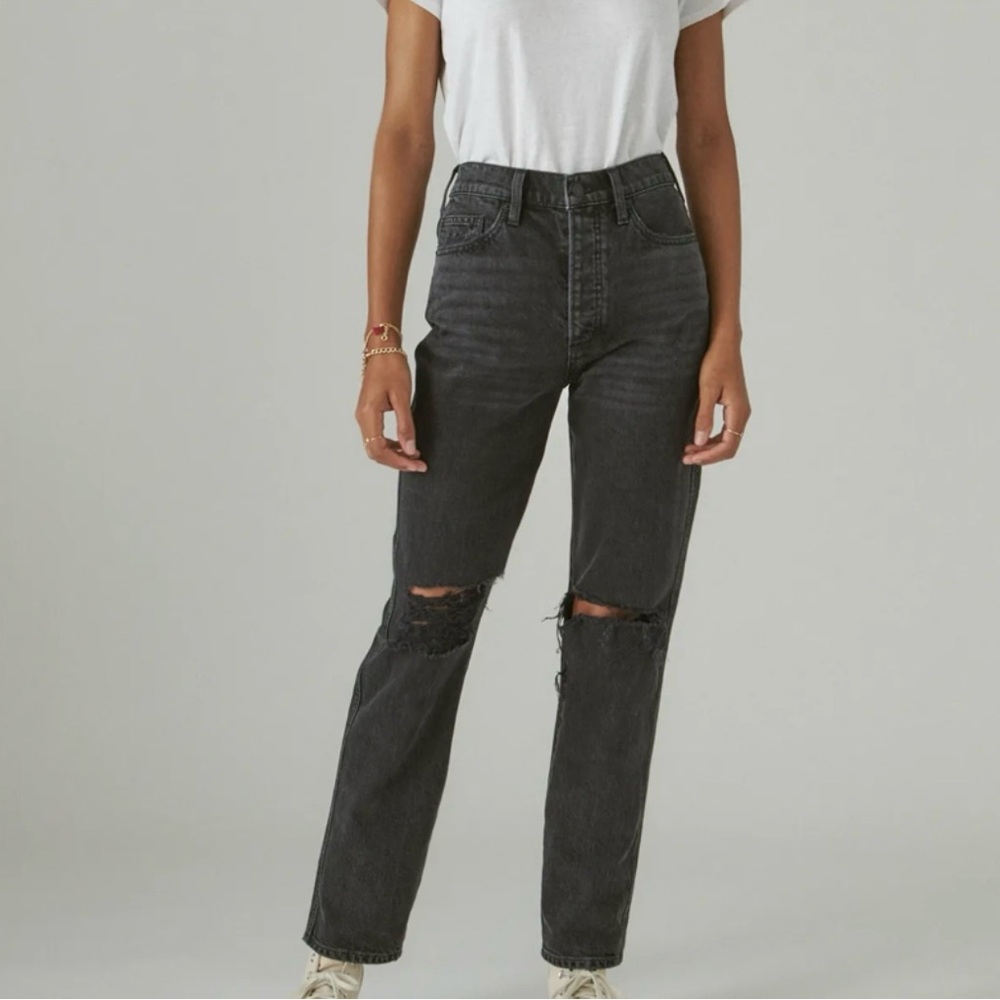 Lucky Brand Jeans High Rise Drew Mom Button Fly Distressed Hem Jeans - 25/0